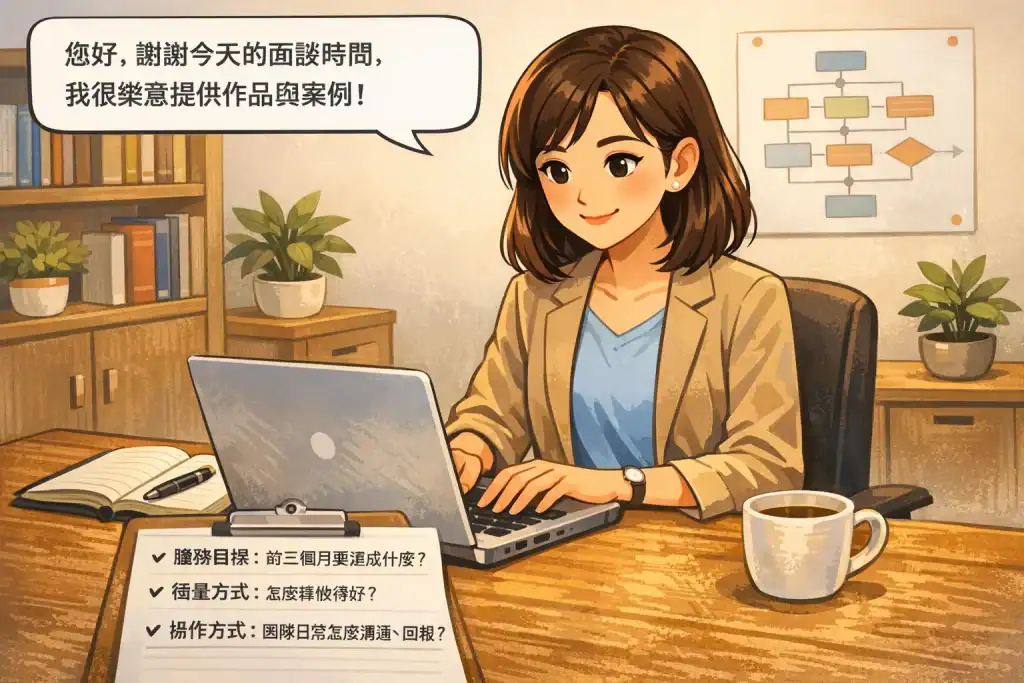 求職者坐在辦公桌前用筆記型電腦寫面試感謝信,桌上有筆記本、咖啡杯與面試提問清單,背景簡約明亮,呈現面試後寄出感謝信與觀察公司面試官的情境。