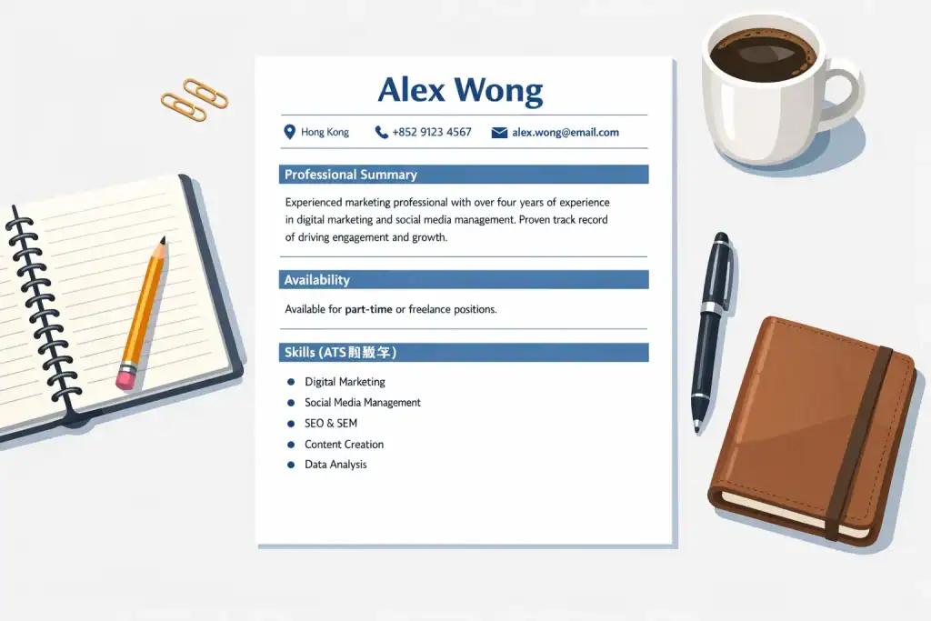 一頁式香港兼職英文履歷範例,顯示姓名、聯絡方式、個人簡介、可工作時間及核心技能(含ATS關鍵字),桌面有筆記本、筆與咖啡杯,象徵專業與清晰易讀的求職準備。