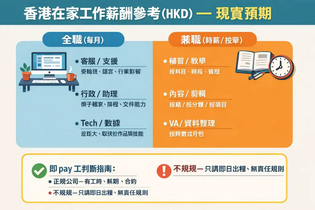 「資訊圖表展示香港在家工作薪酬參考,分全職(每月)與兼職(時薪/按單),列出客服、行政、Tech/數據、補習、內容、VA等類別的薪酬範圍和影響因素,下方提醒正規與不正規即 pay 工的區別。」