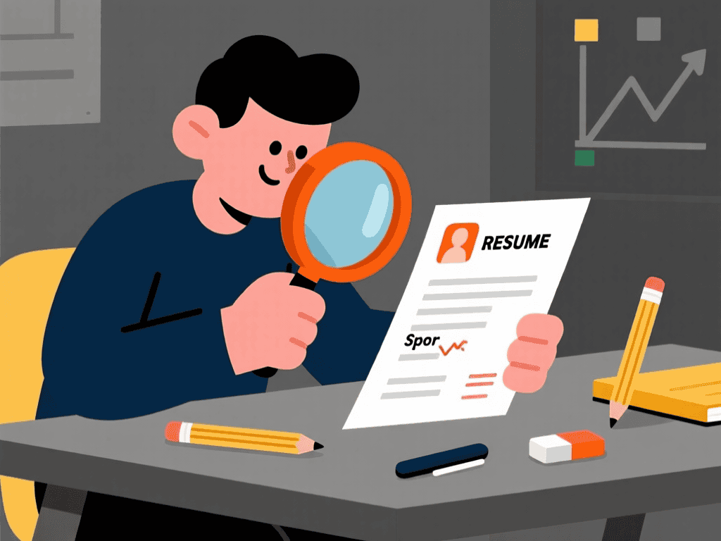 Character proofreading a resume with a magnifying glass to check for errors.