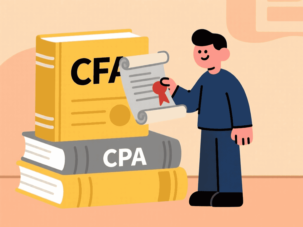 Cartoon depiction of finance study books labeled CFA and CPA next to a certification scroll.