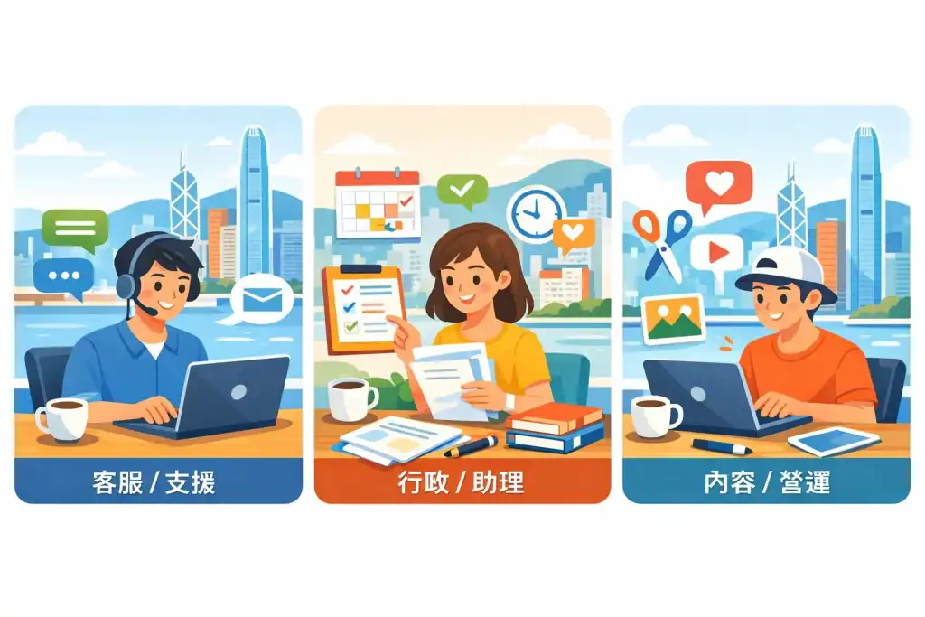 插畫展示香港遠端在家工作前三類最值得先做的職位:客服/支援、行政/助理、內容/營運。桌上有筆電、文件、咖啡杯,背景有香港城市剪影,圖中人物在進行聊天支援、排程整理及內容創作。