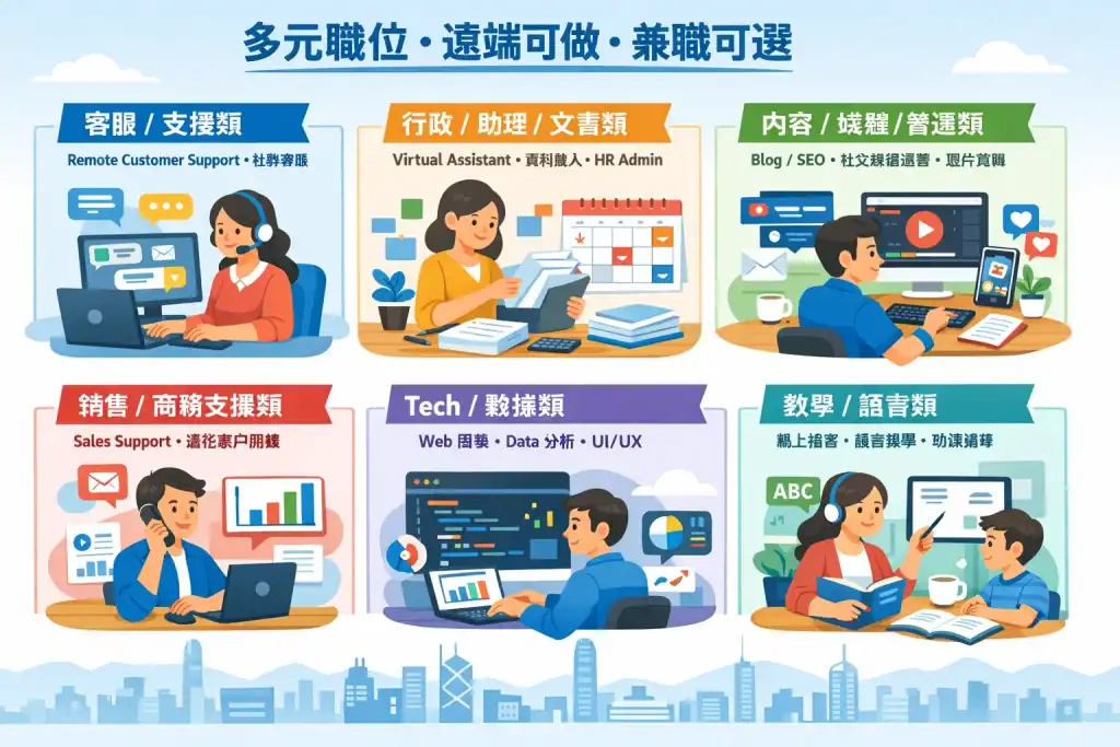 插畫展示香港在家工作 30+ 個職位分類,包括客服/支援、行政/助理、內容/媒體/營運、銷售/商務支援、Tech/數據、教學/語言,每類配象徵人物與工作場景,背景有香港天際線和筆電、文件等遠端工作元素。