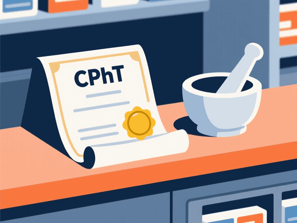 A Certified Pharmacy Technician (CPhT) certificate displayed next to pharmacy tools.
