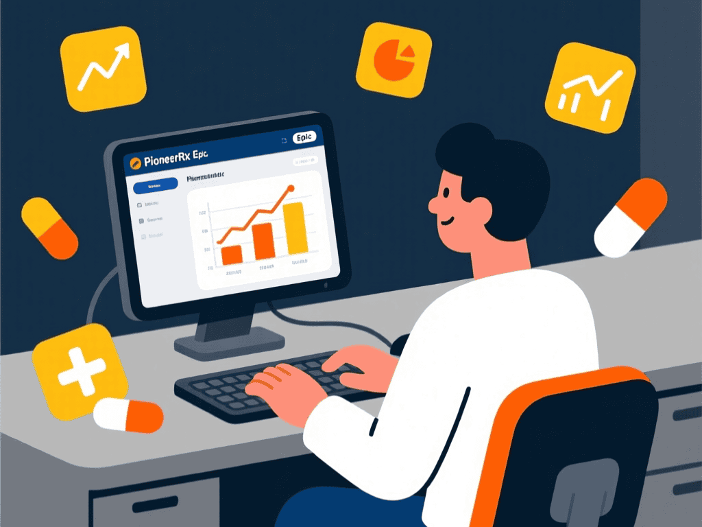 Illustration of a pharmacy tech working on pharmacy management software.