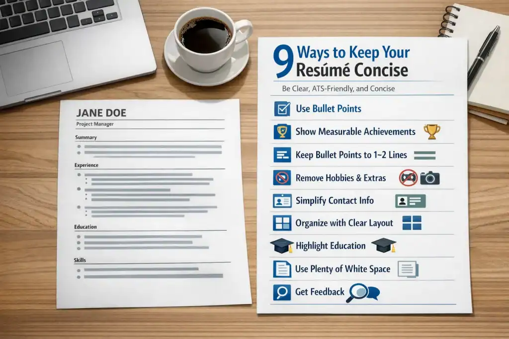 Illustration showing a clean, professional Australian resume on a desk with numbered icons for 9 tips to keep it concise, including limited bullet points, measurable achievements, short lines, relevant hobbies, condensed contact info, clean layout, limited education details, optimized white space, and feedback, surrounded by a laptop, coffee cup, and notepad.
