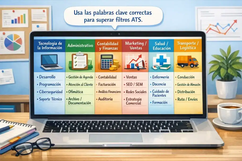 Infografía digital de palabras clave ATS por sector en España, mostrando un portátil con columnas de sectores y palabras clave, iconos representativos de cada área (TI, administración, contabilidad, marketing, salud, logística, hostelería), fondo de oficina moderna con elementos de organización, destacando la preparación para pasar filtros ATS.