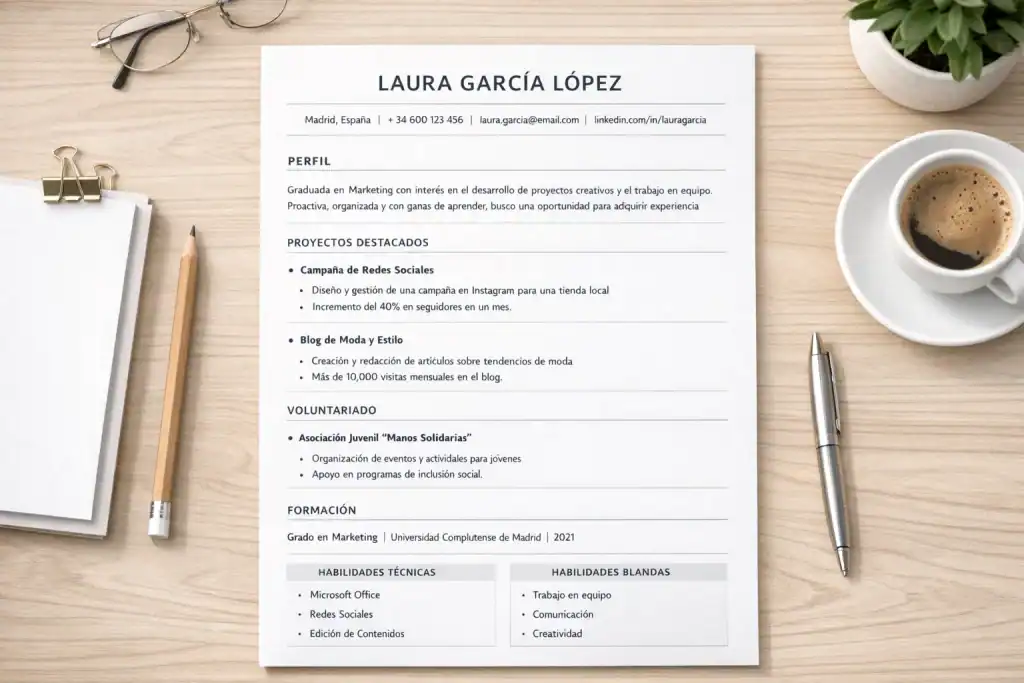 Ejemplo de CV limpio y profesional en España, organizado por perfil, experiencia, formación y habilidades.