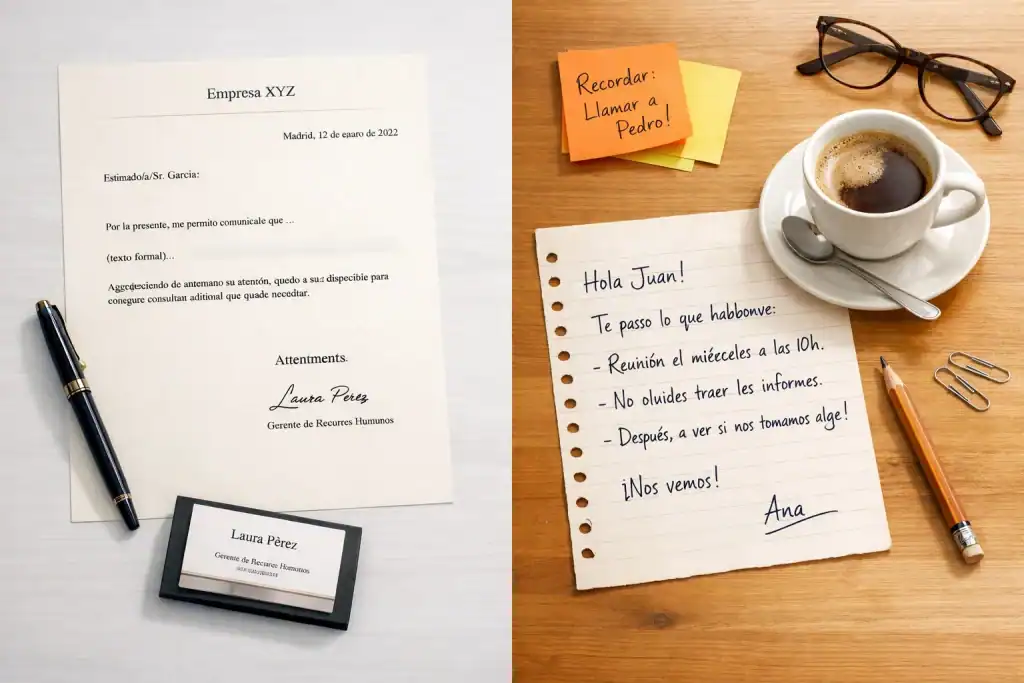 Comparación visual entre carta formal y carta informal sobre escritorio moderno, mostrando diferencias de estilo y tono profesional.
