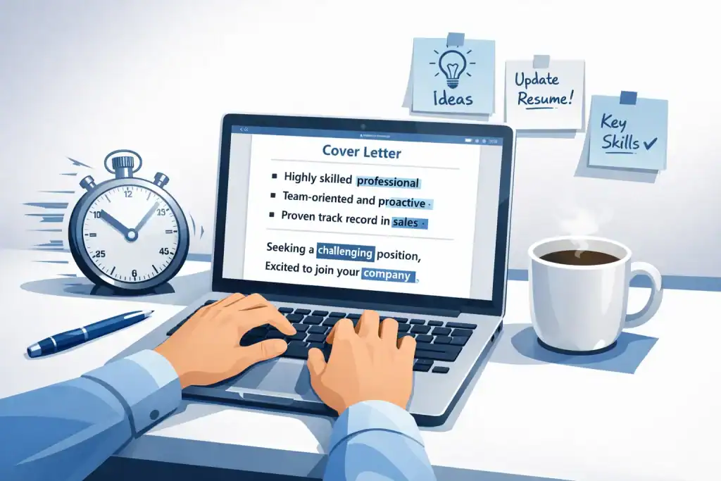 Persona escribiendo una carta de presentación en 10 minutos, con laptop, bullets y palabras clave resaltadas, reloj de arena y notas organizadas en un escritorio limpio, mostrando rapidez y eficiencia.