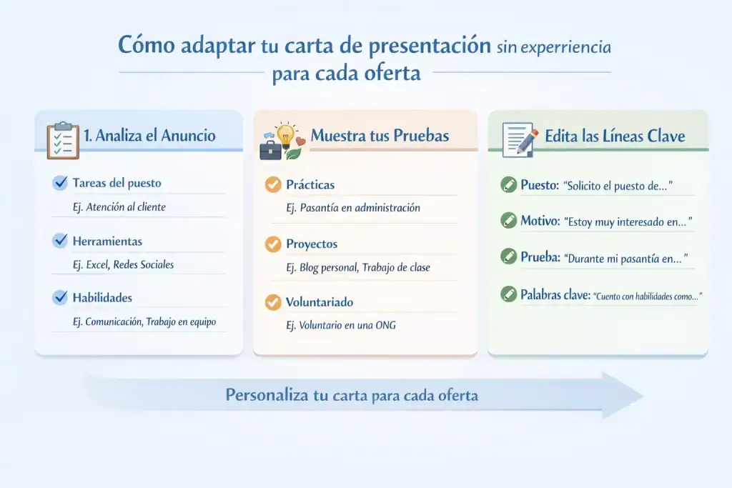 Infografía que muestra un proceso en 3 pasos para adaptar una carta de presentación sin experiencia a cada oferta laboral de manera rápida y efectiva.