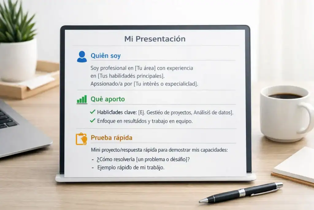 Ejemplo de presentación personal clara y profesional, destacando quién eres, qué aportas y una prueba rápida.