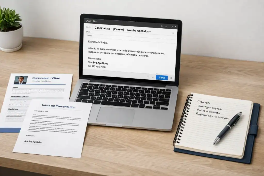 Portátil con email de envío de CV abierto, CV y carta de presentación sobre escritorio ordenado, ambiente profesional y moderno.