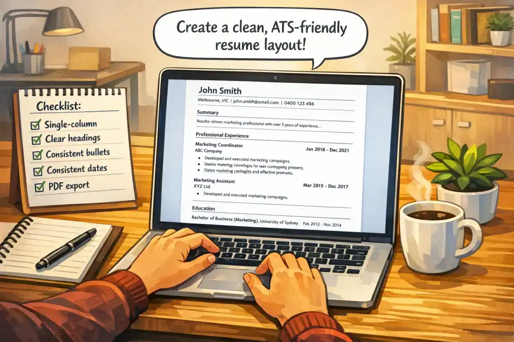 Illustration of a person working on a laptop to design a professional, single-column Australian resume with clear headings, consistent bullets and dates, checklist on the side, and a tidy office background.