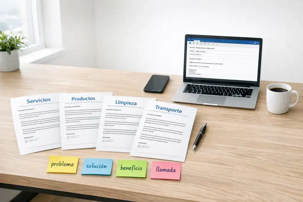 Cartas de presentación para ofrecer servicios o productos a empresas sobre un escritorio profesional con portátil y notas de palabras clave.