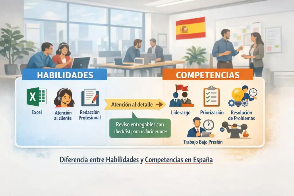 Infografía sobre habilidades vs competencias, ejemplos prácticos, aplicación en oficina española, estilo educativo y profesional.
