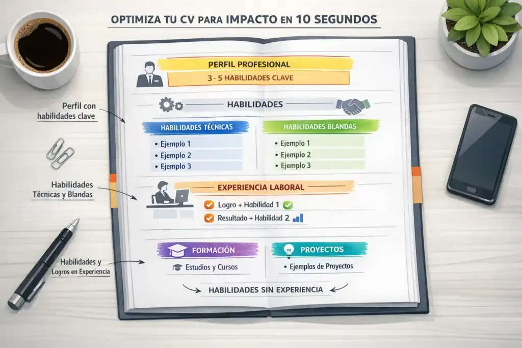 CV infografía mostrando dónde colocar habilidades: perfil, sección de habilidades, experiencia y formación, estilo profesional y claro.