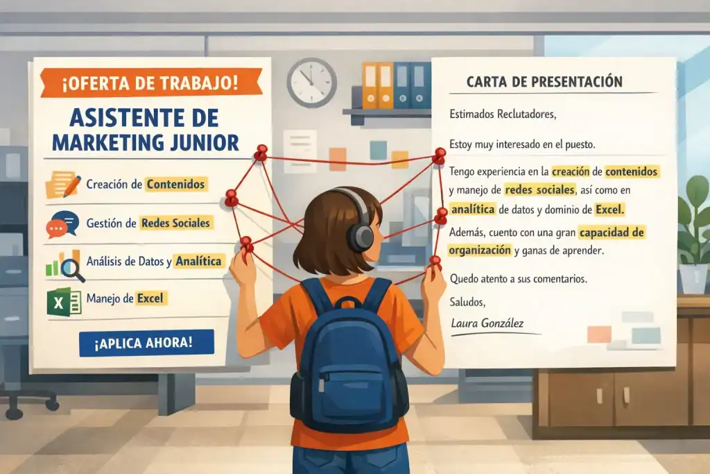 Visual mostrando una oferta de trabajo simplificada para Asistente de Marketing Junior junto a una carta de presentación adaptada, destacando palabras clave y pruebas de habilidades.