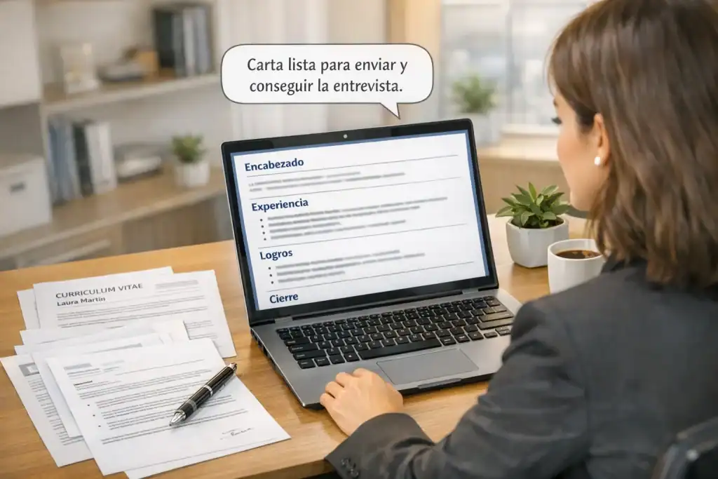 Ilustración de una profesional revisando su carta de presentación completa en una laptop, rodeada de papeles de CV y cartas, bolígrafo, café y planta, en una oficina moderna y luminosa, mostrando preparación y enfoque para enviar su candidatura administrativa.