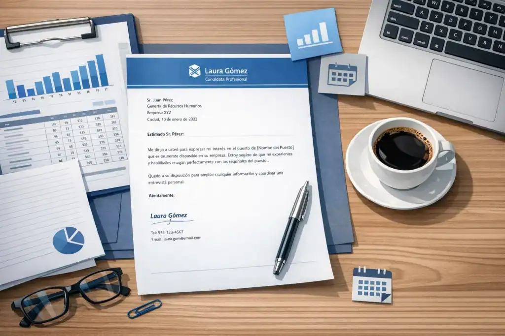 Carta de presentación de ejemplo para administración y dirección en España, mostrando un escritorio organizado con computadora, documentos, calendario y gráficos, representando claridad y profesionalismo.