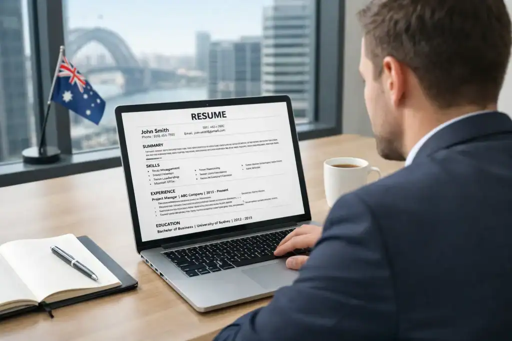 Essential Australian CV format showing a clean, ATS-friendly resume layout with clear headings and skills section on a laptop screen in a professional workspace.