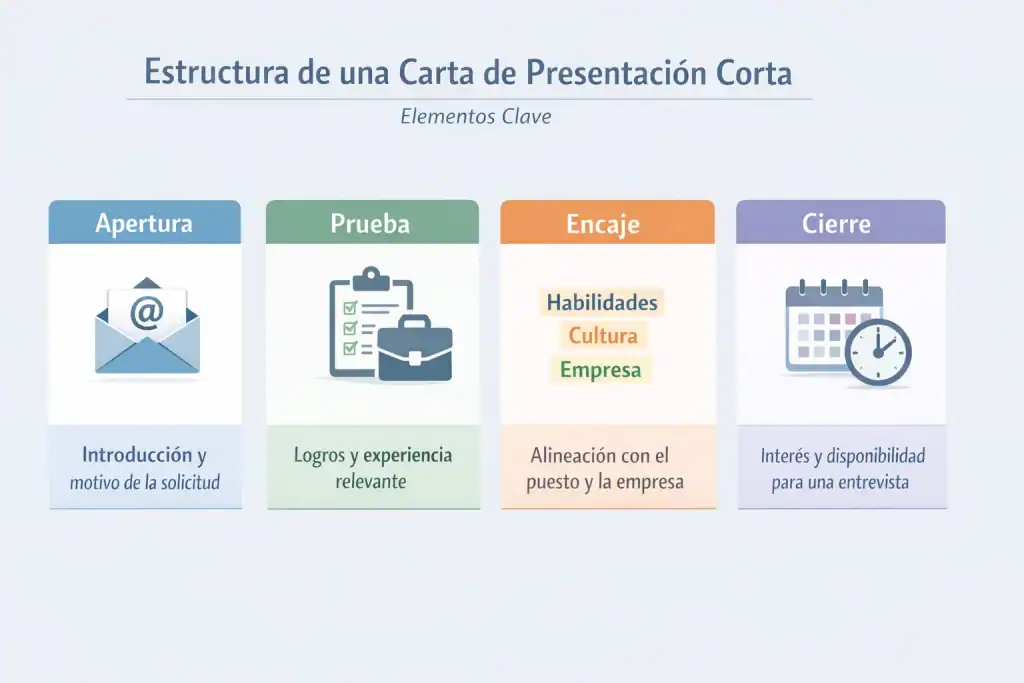 Infografía de carta de presentación corta con secciones Apertura, Prueba, Encaje y Cierre, mostrando cómo crear un Short Cover Letter convincente y profesional.