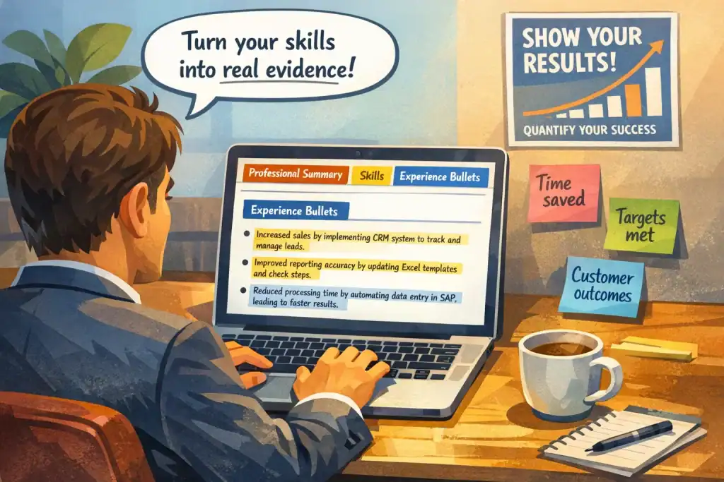Illustration of a professional at a desk updating an Australian resume on a laptop, highlighting professional summary, skills, and experience bullets with examples and achievements, in a modern office setting.