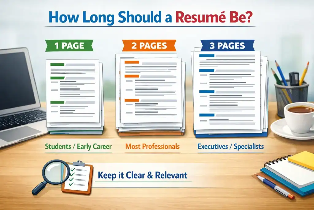 Illustration showing three stacked resumes labeled 1-page, 2-page, and 3-page, highlighting the ideal resume length for Australian jobs, with icons for clarity and relevance, on a clean professional workspace with a laptop, coffee cup, and stationery.