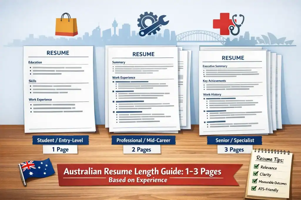 Illustration of three resumes on a desk: 1-page for students/entry-level, 2-page for mid-career professionals, and 3-page for senior roles, with clear headings, bullet points, industry icons, and a checklist emphasizing relevance, clarity, measurable outcomes, and ATS-friendly formatting, with a subtle Sydney skyline in the background.