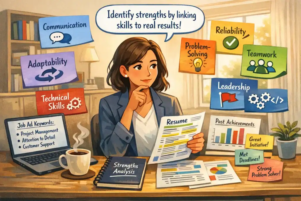 Illustration of a professional at a desk analyzing and highlighting workplace strengths for a resume, surrounded by notes and icons representing communication, problem-solving, reliability, teamwork, adaptability, leadership, and technical skills in a calm home office.