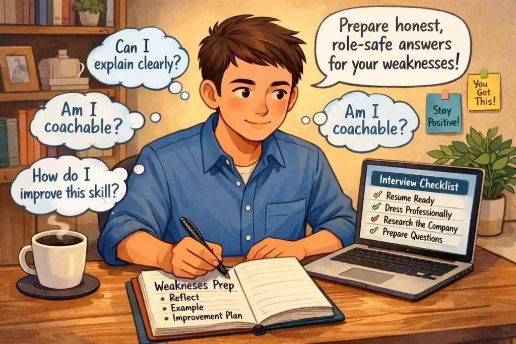 Illustration of a job candidate preparing for interview questions about weaknesses, sitting at a desk with a notebook, laptop, and thought bubbles emphasizing reflection, examples, and improvement plans, in a calm home office setting.