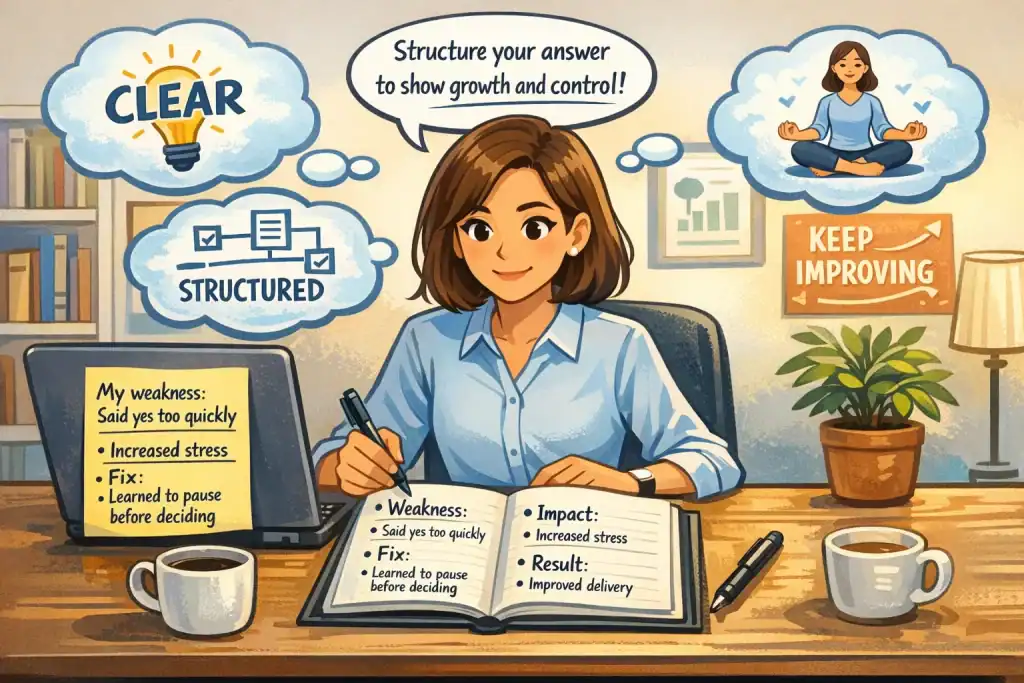 Illustration of a job candidate at a desk practicing structured interview answers with a notebook showing Weakness, Impact, Fix, and Result sections, thought bubbles about clarity and calmness, and a laptop with example responses in a tidy home office.