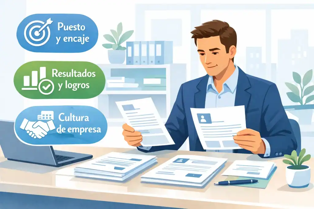 Reclutador revisando cartas de presentación y CVs, con íconos que destacan puesto, resultados y cultura de la empresa, mostrando lo que buscan en una candidatura efectiva.