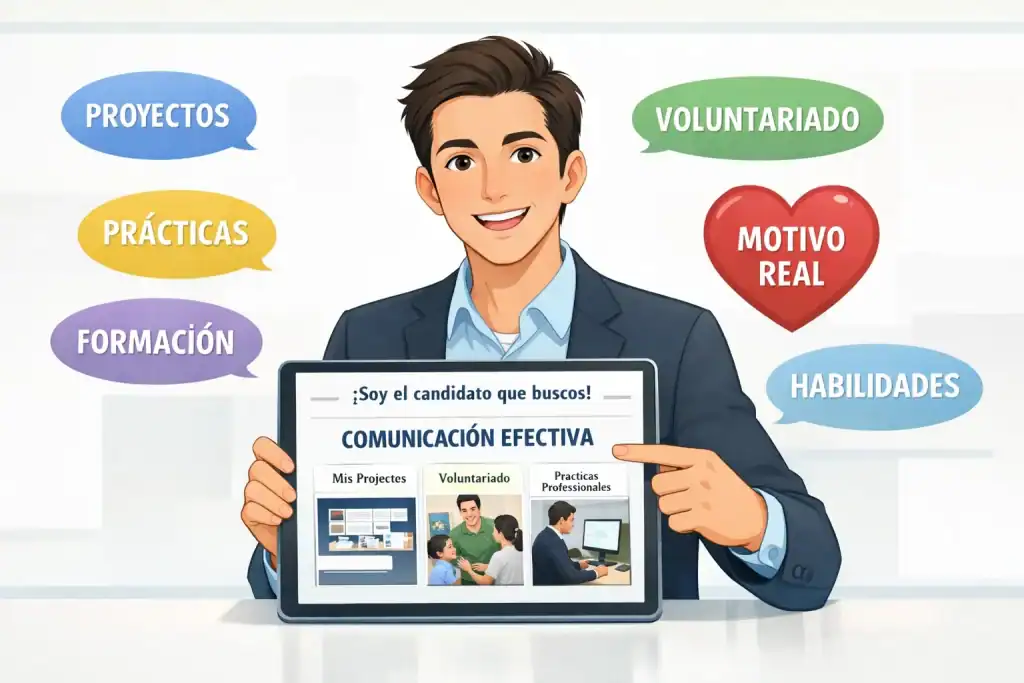 Candidato junior mostrando evidencias de proyectos y voluntariado, palabras clave y motivación, representando cómo convencer a un reclutador sin experiencia.