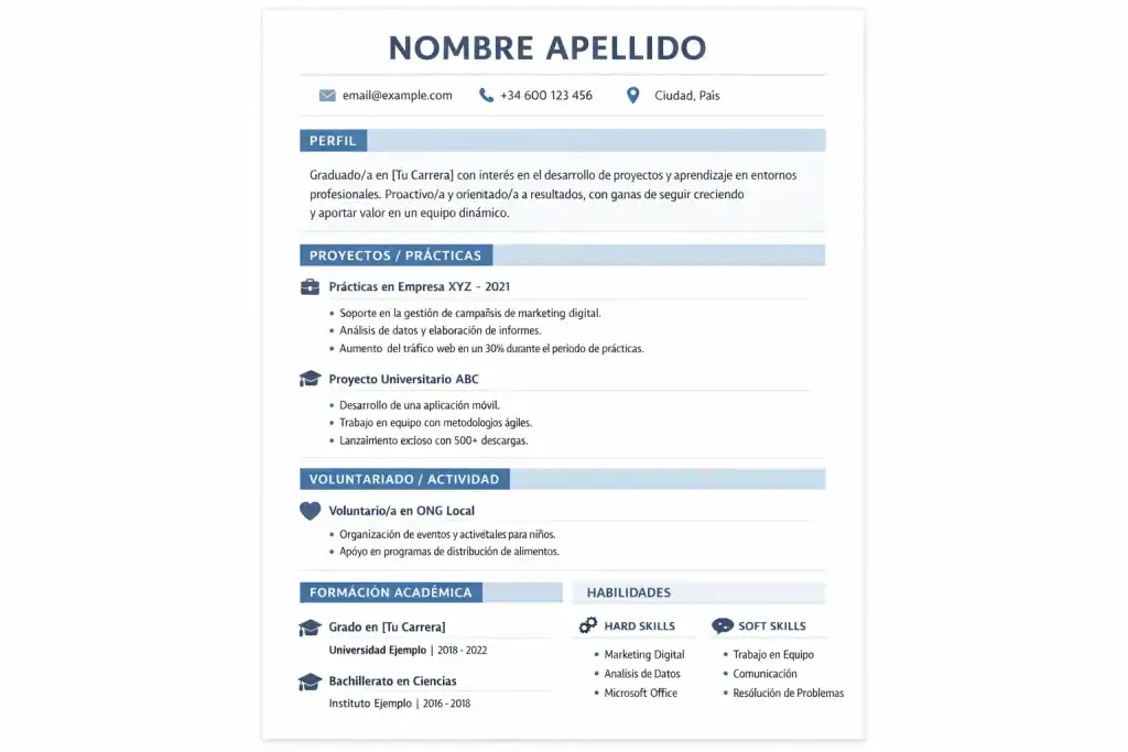 Ejemplo visual de un mini CV español para perfil junior, con secciones claras y organizadas: datos de contacto, perfil, proyectos, voluntariado, formación y habilidades, estilo profesional y fácil de leer.