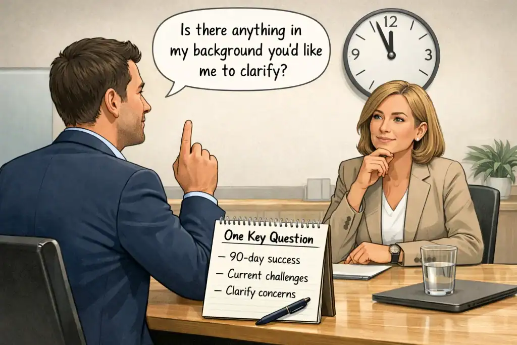 Illustration of a job interview where a candidate asks one final high-impact question due to limited time, showing confidence and strategic thinking in a professional office setting.