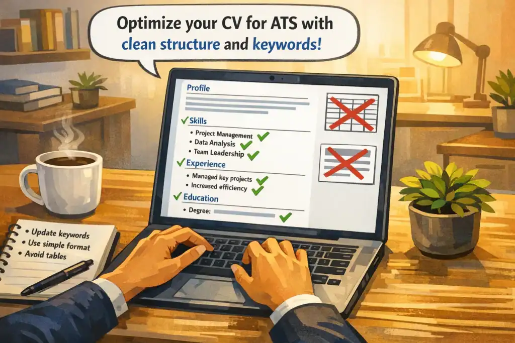 Illustration of a job candidate at a desk optimizing a CV on a laptop for ATS, showing clear headings, highlighted keywords, and a simple layout, with office background and desk accessories.