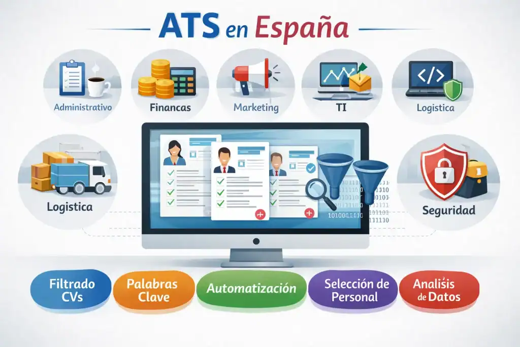 Infografía de palabras clave ATS en España por sector, con iconos de áreas profesionales y currículums filtrados digitalmente.