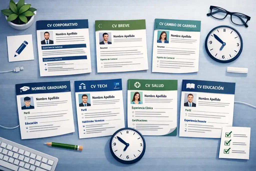 Siete plantillas de cartas de presentación para diferentes perfiles en España (corporativo, junior, tech, salud, educación), con iconos de personalización rápida y checklists, mostrando cómo adaptar fácilmente una carta para cada oferta.