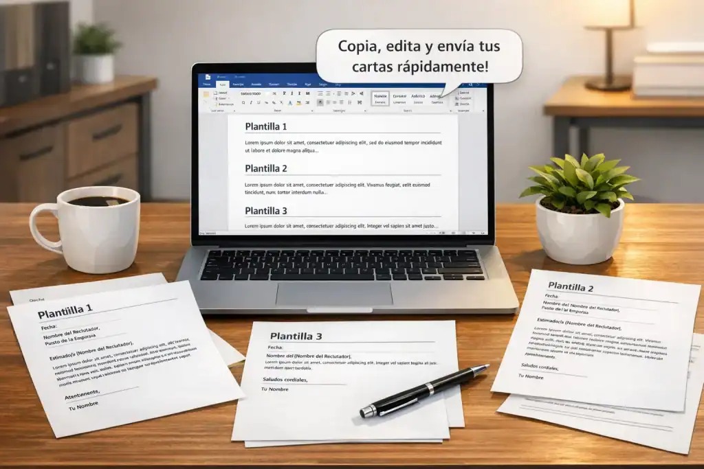 Ilustración de un profesional usando una laptop para ver varias plantillas de cartas de presentación en Word, con papeles impresos, bolígrafo y café en el escritorio, en una oficina moderna y minimalista, mostrando rapidez y facilidad para copiar y enviar cartas de presentación.