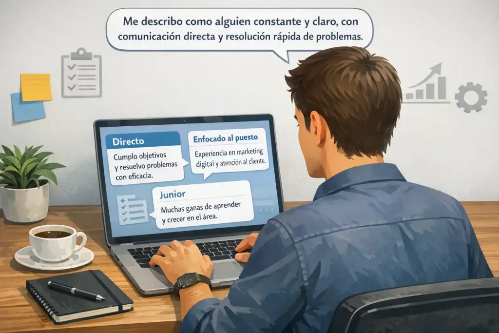 Ilustración de una persona escribiendo su presentación personal en un portátil, mostrando ejemplos de descripción personal Directo, Enfocado al puesto y Junior en burbujas de texto, con globo de diálogo sobre constancia y comunicación clara, fondo de oficina moderna con cuaderno, notas y café, iconos de habilidades profesionales.