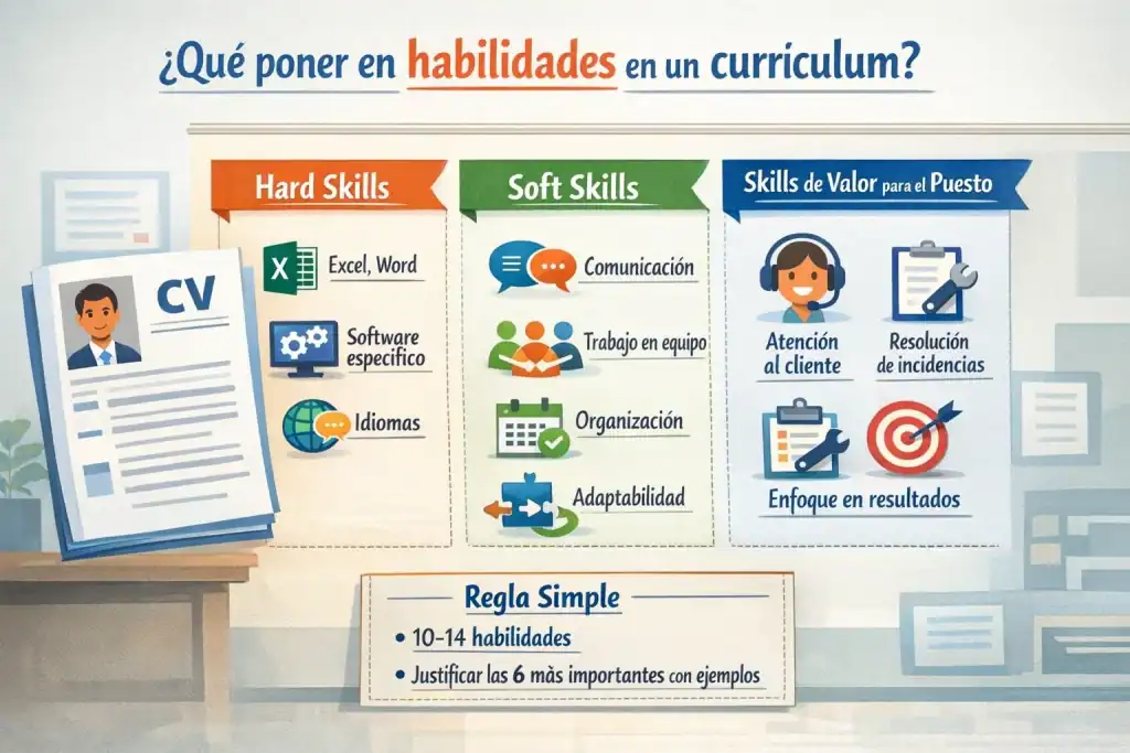 Infografía sobre habilidades para currículum, hard skills, soft skills y skills de valor, estilo educativo y profesional.