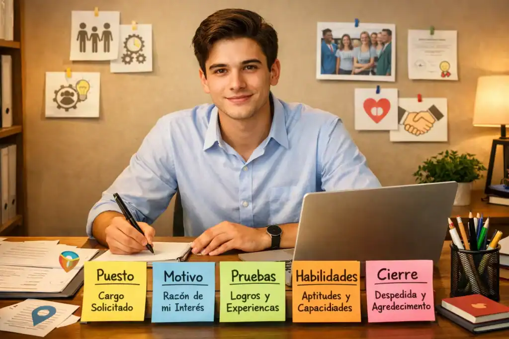 Candidato sin experiencia escribiendo carta de presentación organizada en cinco bloques, con notas y proyectos sobre el escritorio.