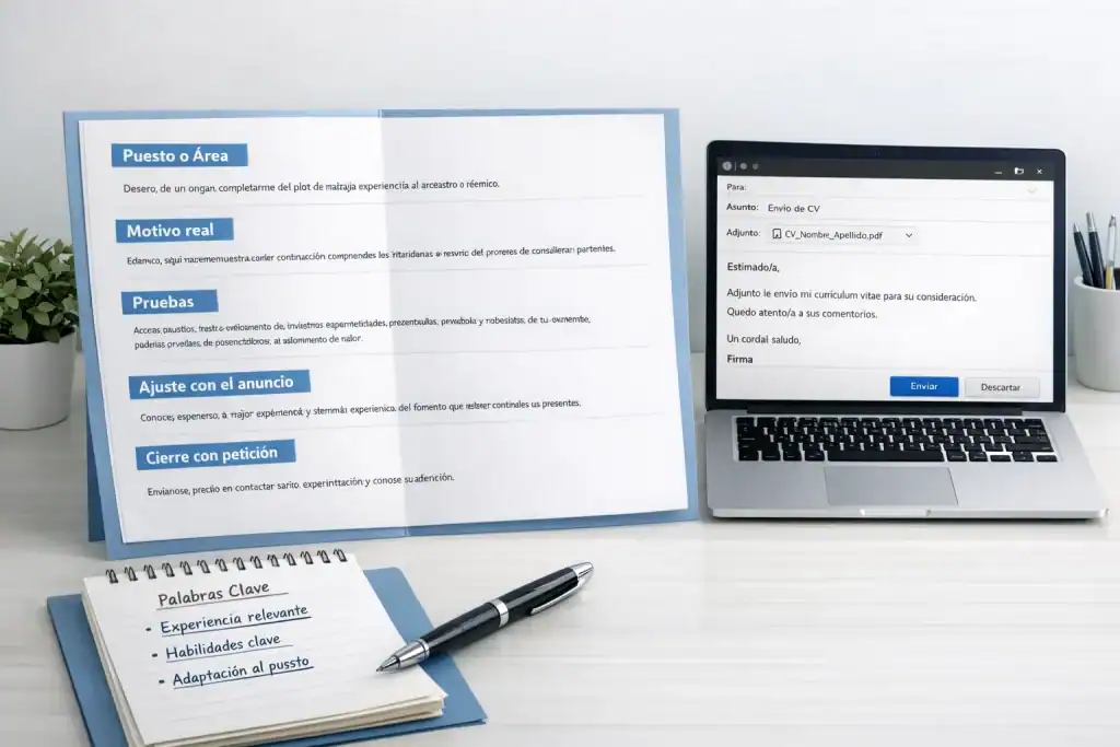 Carta de presentación profesional con cinco secciones clave y palabras resaltadas, lista para enviar a empresa.