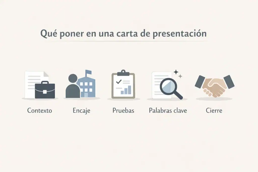 Infografía minimalista que muestra los cinco elementos clave de una carta de presentación efectiva: contexto del puesto y empresa, encaje con la empresa, pruebas concretas de experiencia, palabras clave del anuncio y cierre con disponibilidad para entrevista.