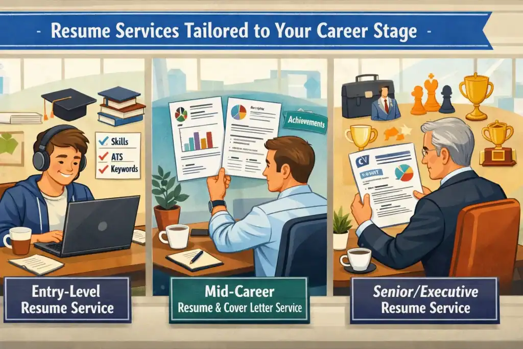 Illustration of three people at separate desks representing different resume services—entry-level, mid-career, and senior/executive—with laptops, CV examples, achievement icons, and office elements in a modern professional workspace.
