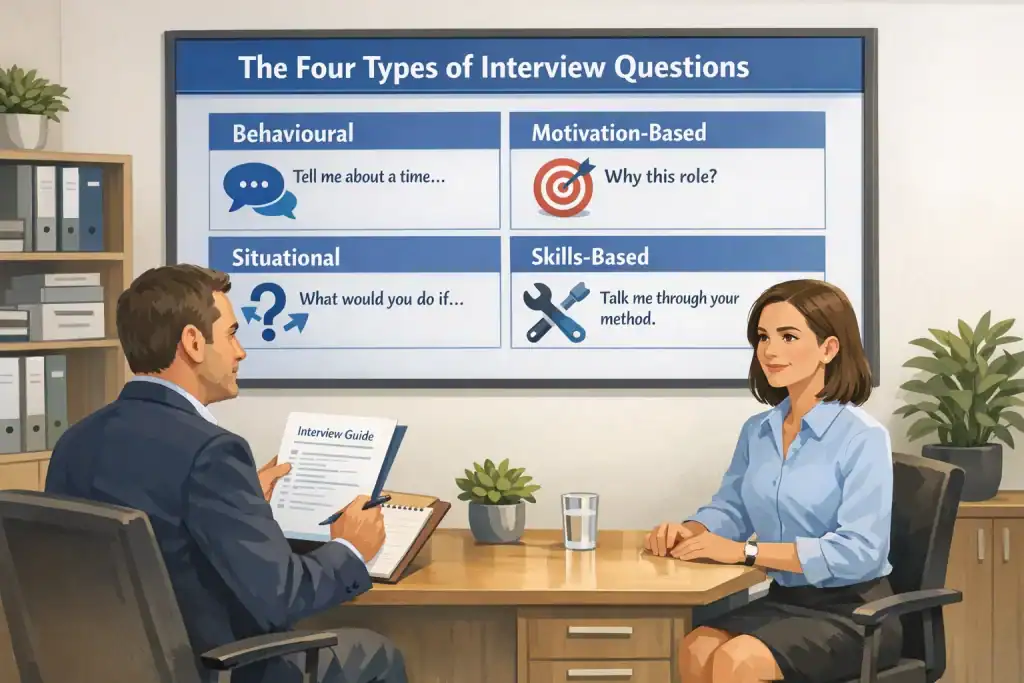 Illustration of a structured job interview highlighting the four common types of interview questions: behavioural, motivation-based, situational, and skills-based.