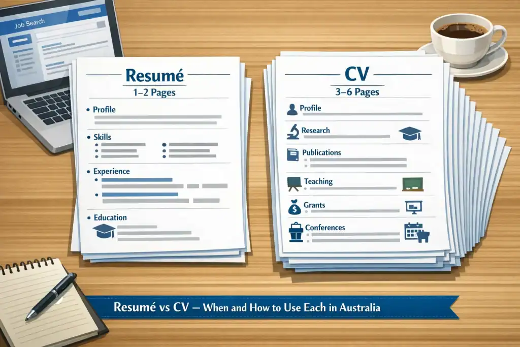 Illustration showing a side-by-side comparison of a short, job-focused Australian resumé (1–2 pages, Profile, Skills, Experience, Education) and a longer CV (3–6 pages, adds Research, Publications, Teaching, Grants, Conferences) on a desk with professional items like laptop, coffee cup, and notepad, highlighting differences in length, content, and focus.