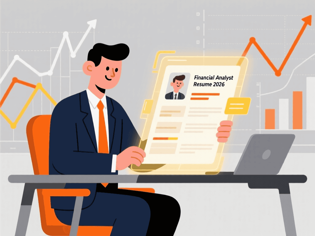 Cartoon illustration of a financial analyst reviewing a digital resume with data charts in the background.