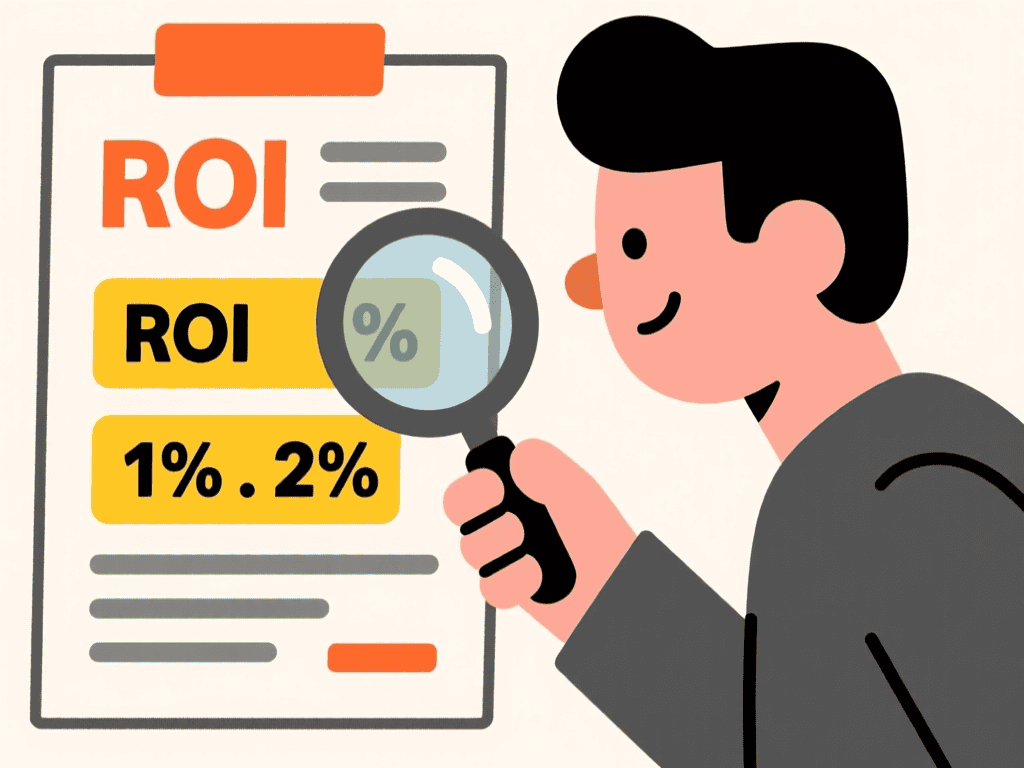 Illustration of a magnifying glass highlighting ROI metrics and percentages on a resume document.